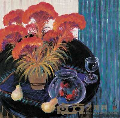 林风眠 约80年代 鸡冠花与金鱼 68×68cm